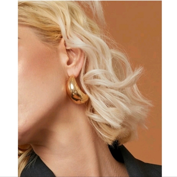 Anthropologie Minimalist Dome Chunky Thick Large Half Hoop Gold Earrings - Picture 2 of 4